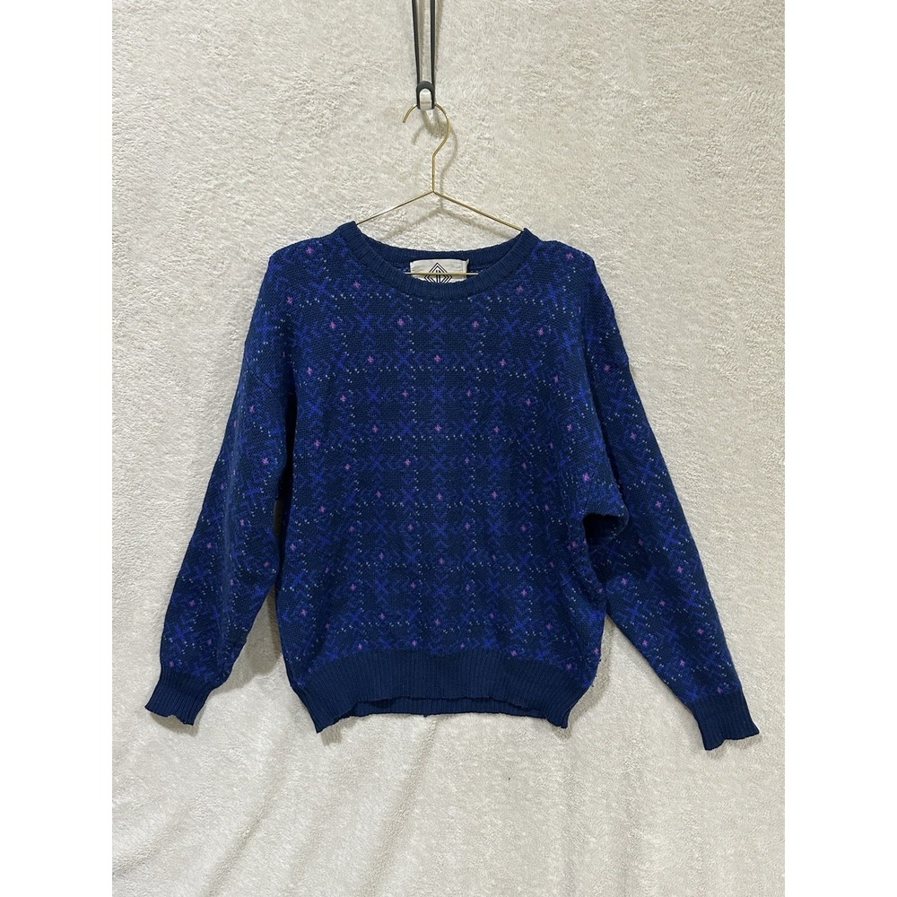 Vintage Sun Valley 100% Pure Virgin Wool Sweater Size Large Navy Pink Warm